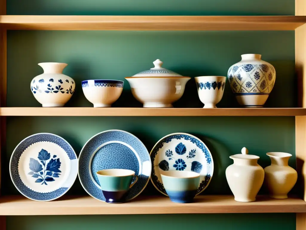 Colección de platos de cerámica vintage: belleza artesanal Una colección de cerámica decorativa vintage con exquisitos detalles pintados a mano, dispuesta en una estante de madera rústica rodeada de jarrones de cerámica antigua y piezas de arte decorativo