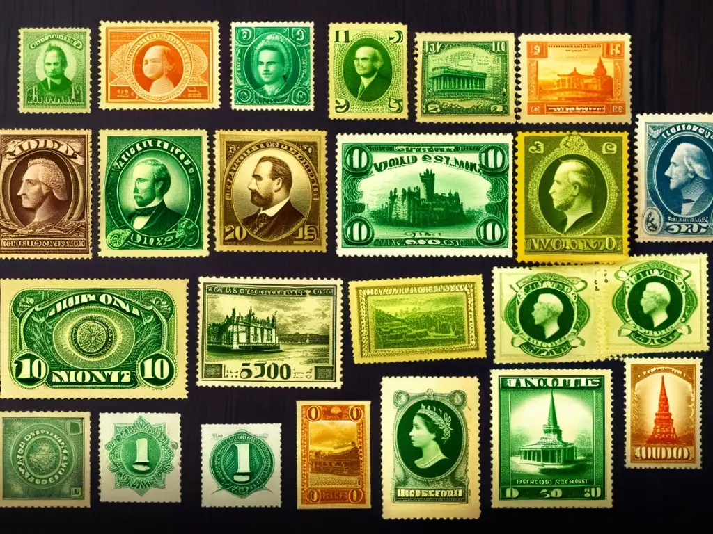 Estampillas y billetes vintage: detalles en alta resolución Una colección de coloridos y detallados billetes y sellos del mundo, con patrones artísticos, bañados por una cálida luz dorada