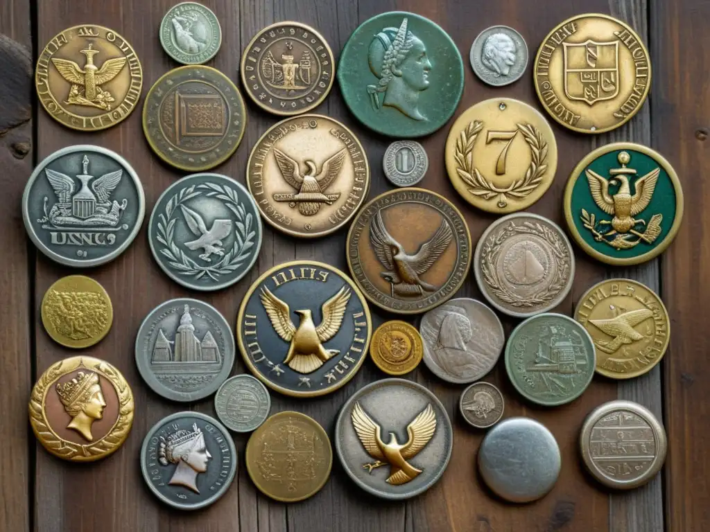 Tesoro de la historia: monedas y medallones antiguos en 8k Una colección de monedas antiguas y medallones detallados se exhibe sobre una superficie de madera desgastada