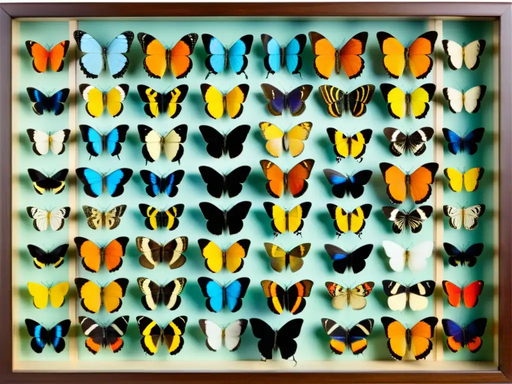 Una colección vintage de mariposas exhibe patrones únicos y vibrantes de especies de todo el mundo, en un elegante estuche de madera