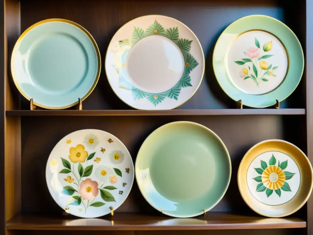 Exquisita colección de platos vintage de cerámica Una colección de platos de cerámica vintage en estantes de madera oscura, con diseños florales intrincados y detalles en oro