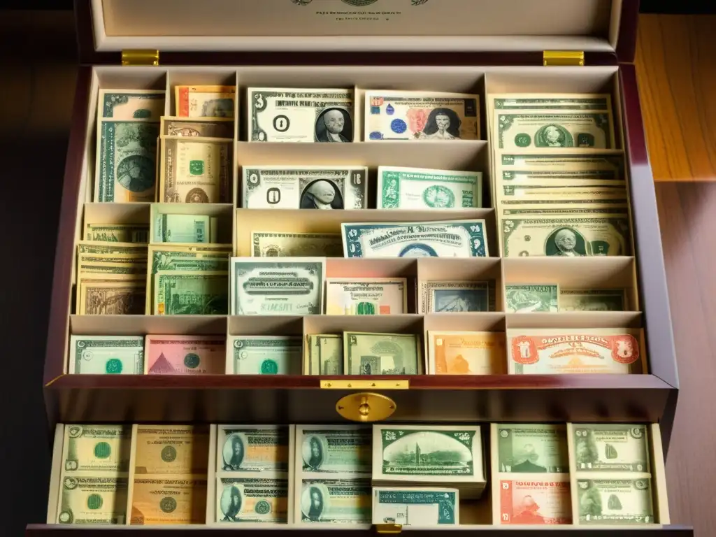 Tesoro artístico: billetes y sellos del mundo Una colección meticulosamente preservada de billetes y sellos artísticos de todo el mundo, exhibidos en un antiguo estuche de madera