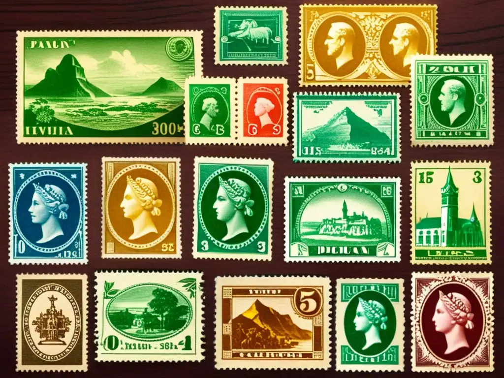 Exquisita colección de sellos vintage en mesa de caoba Una colección de sellos vintage con patrones artísticos en billetes del mundo, sobre una mesa de caoba
