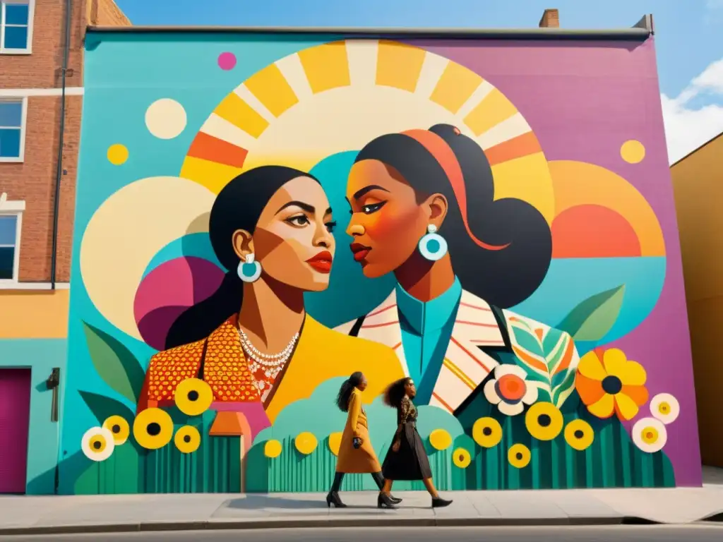 Un colectivo de artistas feministas crea un mural urbano con colores vibrantes y patrones artísticos en movimientos feministas