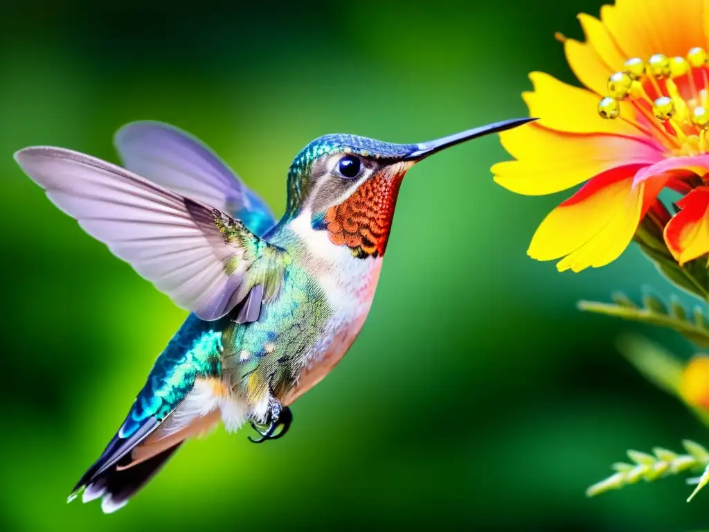 Un colibrí con plumaje iridiscente se alimenta de una flor vibrante en un exuberante jardín