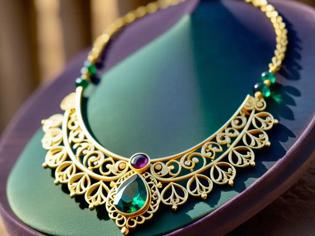 Un collar de oro con filigrana y piedras preciosas en tonos azul, verde y morado, enmarcado por arquitectura griega