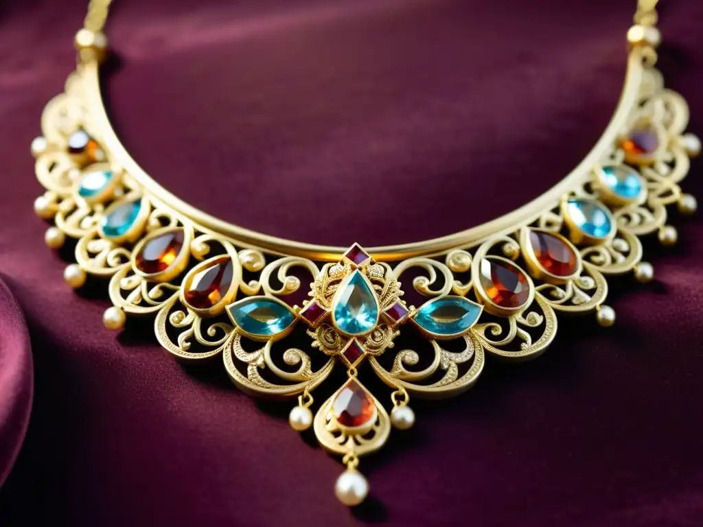 Un collar vintage de oro con filigranas inspiradas en diseños culturales, adornado con gemas vibrantes