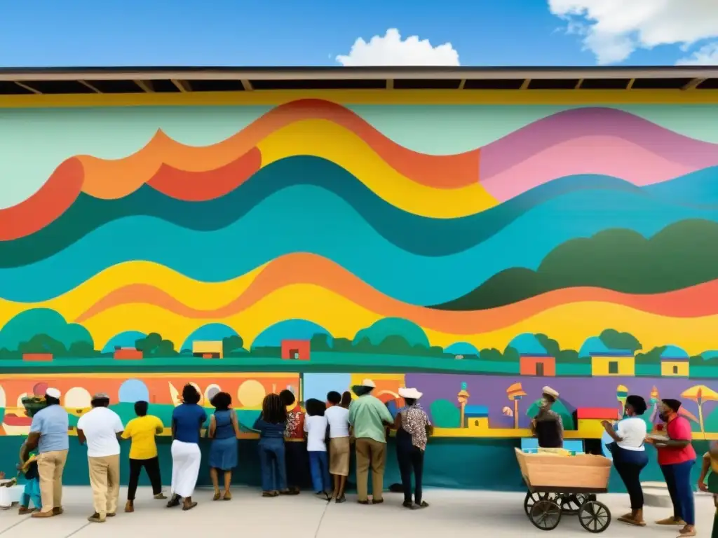 Colorida celebración comunitaria con artistas locales pintando patrones murales en edificios, reflejando la alegría de las celebraciones locales