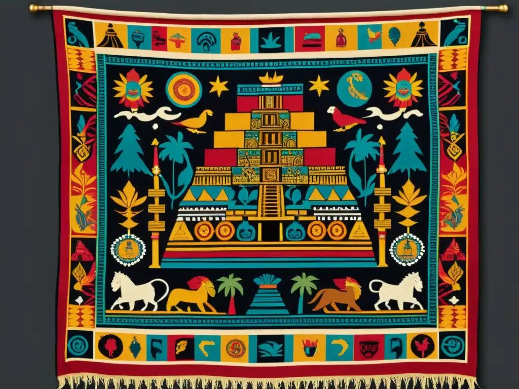 Una colorida y detallada tapicería que muestra la preservación de mitos y leyendas textiles mayas a través de intrincados patrones y colores vibrantes