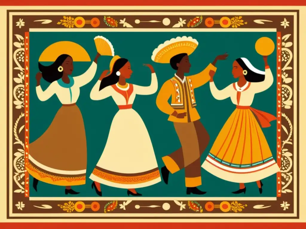 Colorida ilustración vintage de personas de diferentes culturas celebrando juntas, destacando la importancia de patrones en folclore