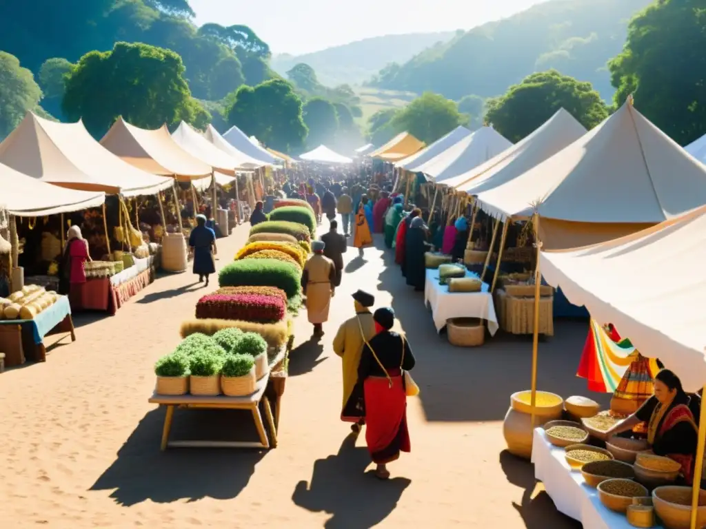 Colorido festival de medicina con arte y tradición en vibrante mercado de textiles y artesanías, bajo el cálido sol