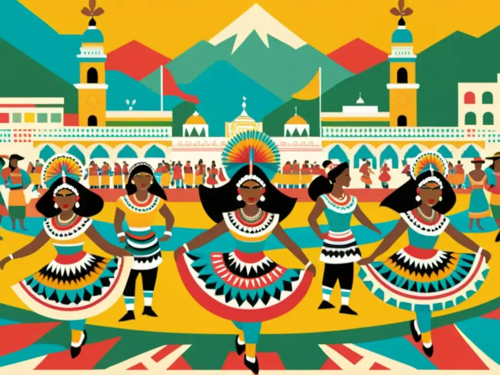 Colorido festival de Papantla con patrones artísticos en festivales: danzas, trajes tradicionales y papel picado en una plaza soleada