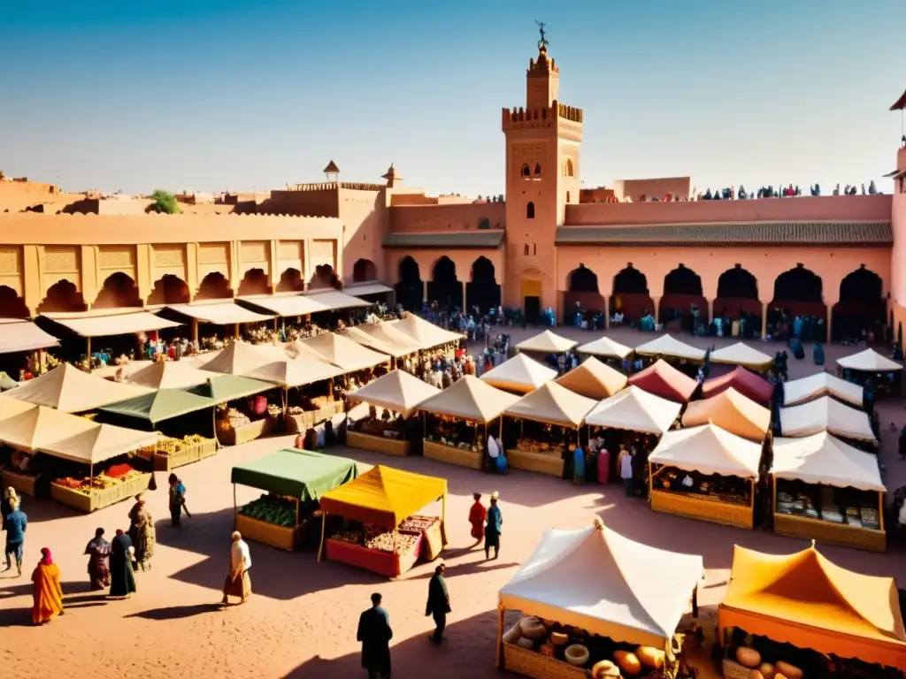 Colorido mercado en Marrakech con artesanos locales y turistas, capturando la autenticidad y diversidad cultural