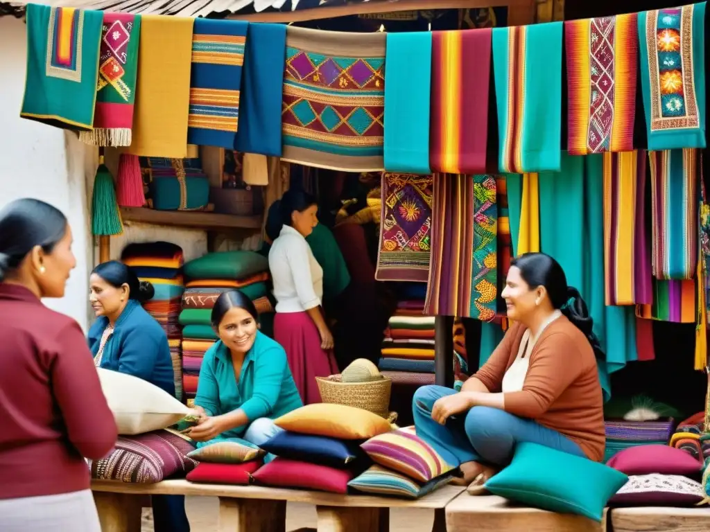 Colorido mercado latinoamericano con textiles artísticos atractivos para turistas