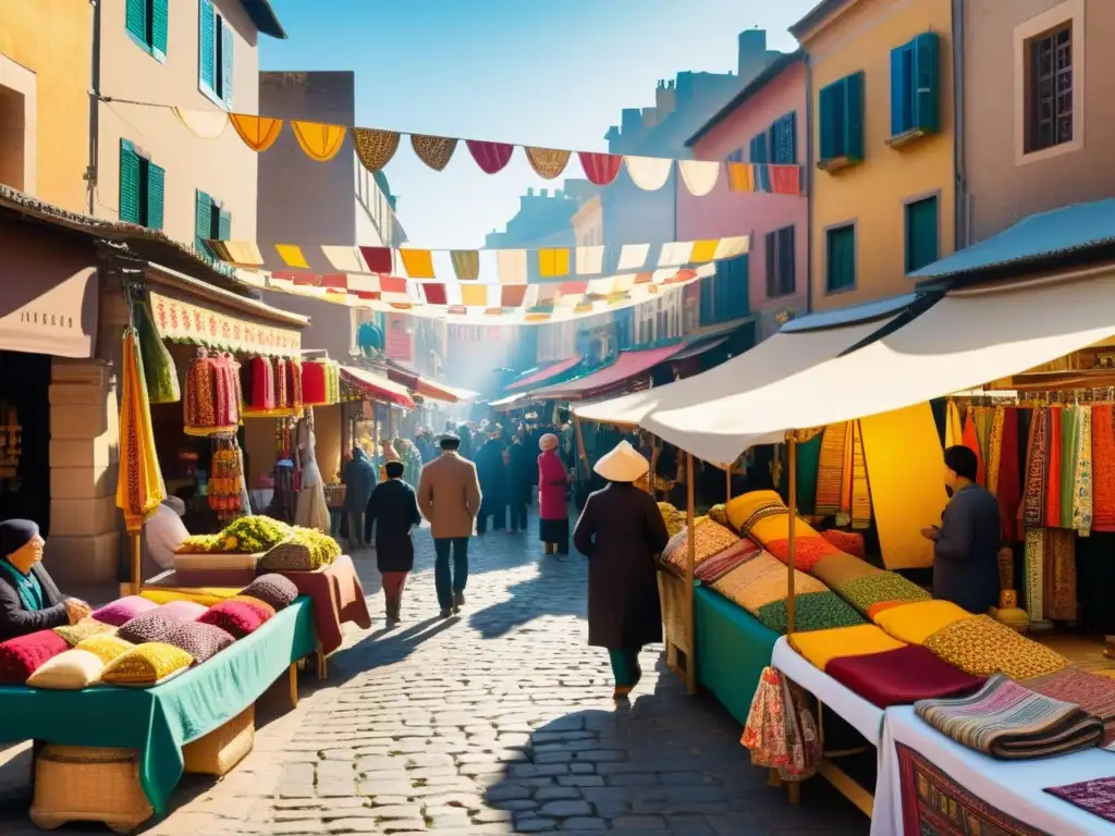 Colorido mercado con patrones artísticos, artesanía y estrategias de marketing en una escena vintage vibrante