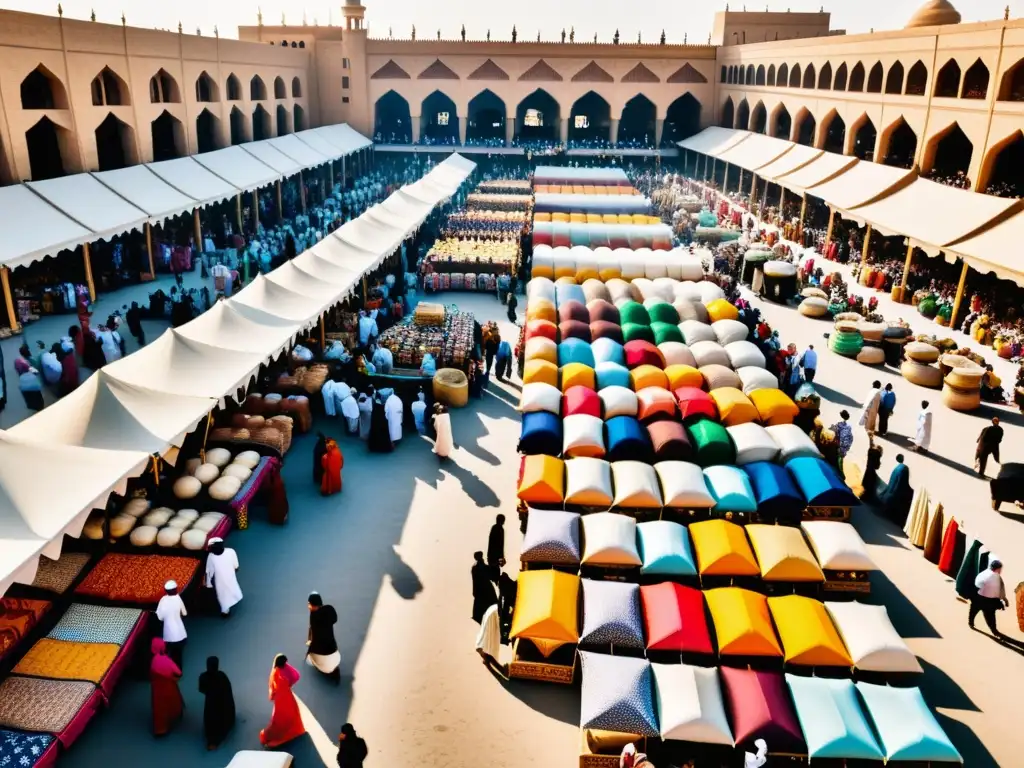 Colorido mercado durante Eid alFitr con patrones geométricos en textiles y cerámica, celebrando la cultura y el arte festivo