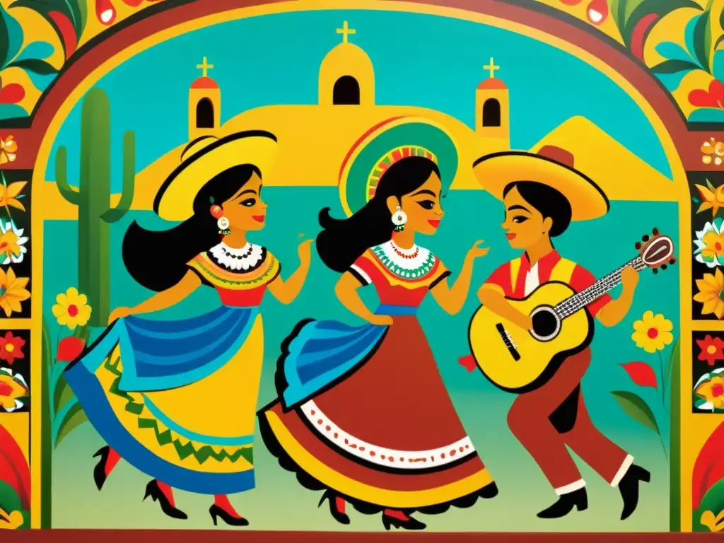 Colorido mural mexicano con patrones festivos y arte tradicional, capturando la esencia de las celebraciones culturales mexicanas