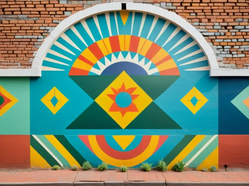 Colorido mural con patrones artísticos representativos de América Latina en pared de ladrillo envejecido, iluminado por cálida luz solar