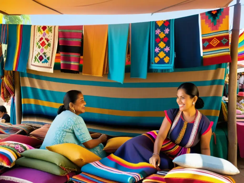 Coloridos patrones textiles en el animado mercado de Oaxaca, con mujeres vestidas de forma tradicional y una atmósfera nostálgica al atardecer