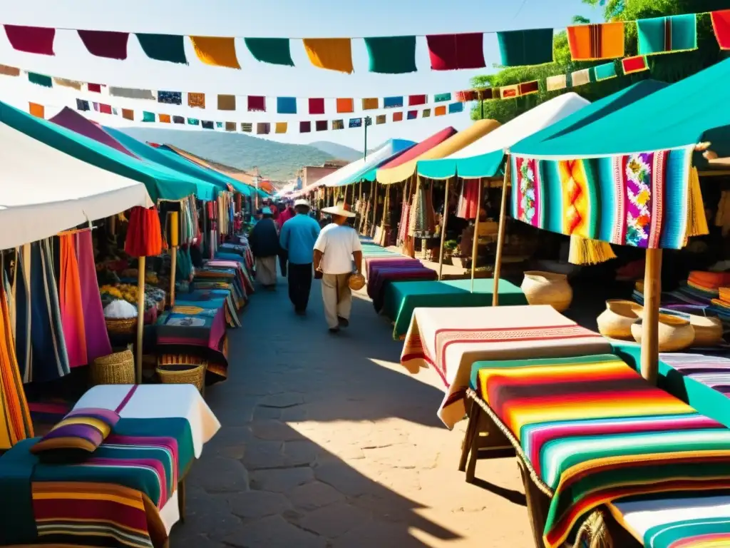 Coloridos patrones textiles en el bullicioso mercado de Oaxaca, capturando la esencia vibrante de la región