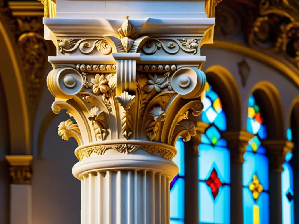 Columna de mármol tallada con patrones barrocos en iglesia, bañada por luz dorada de vitral, deslumbrando con su opulencia y detalle artístico