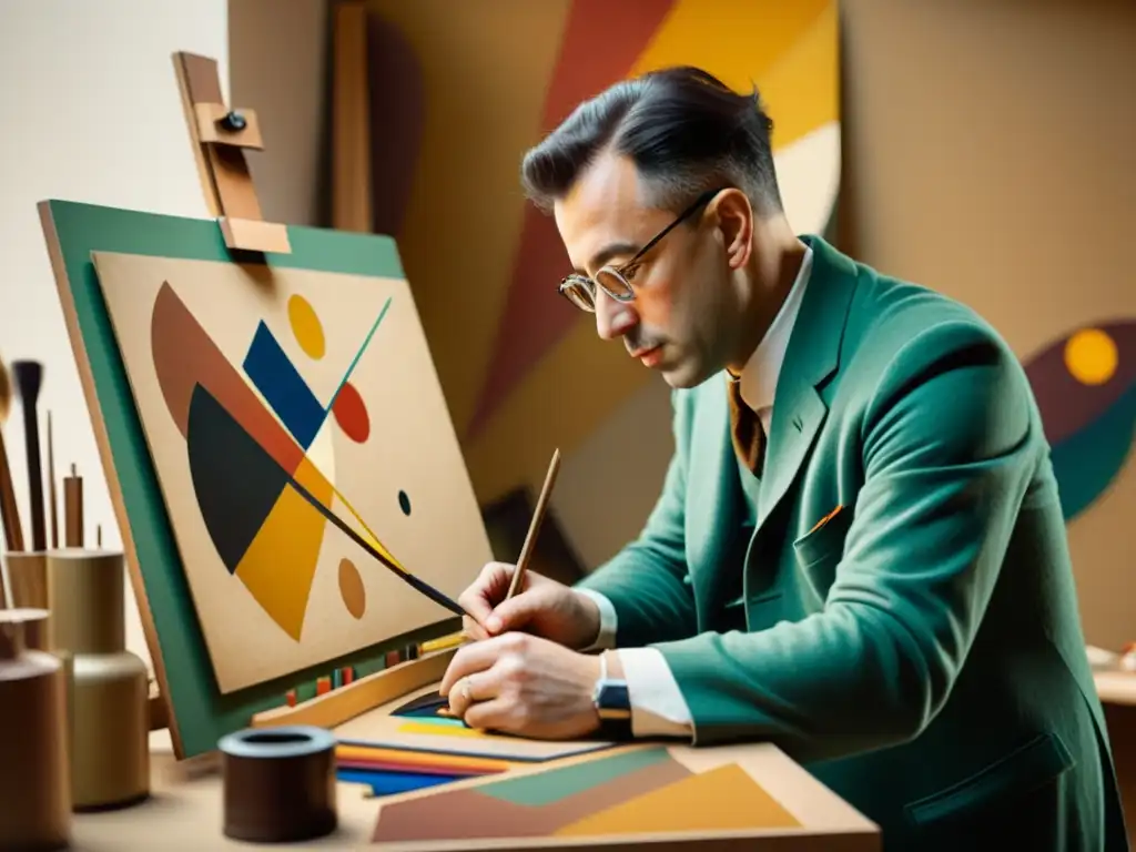 Wassily Kandinsky concentrado en su estudio, aplicando vibrantes pinceladas a un lienzo rodeado de suministros artísticos