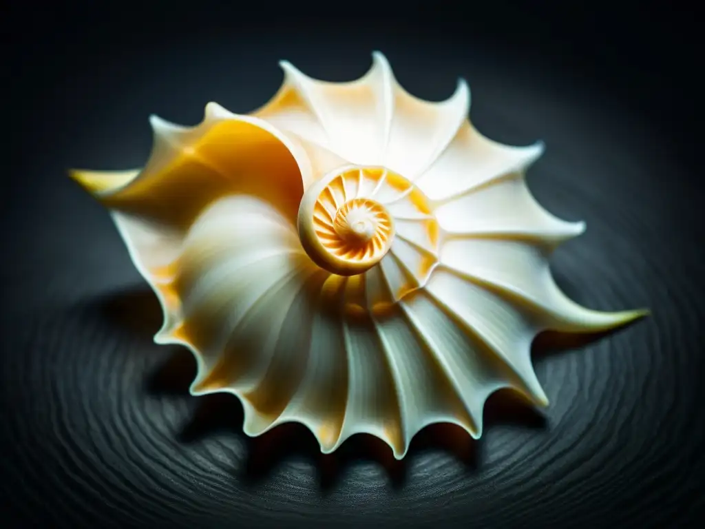 Concha marina brillante en fondo oscuro: elegancia eterna Una concha marina delicada con un patrón espiral, sobre fondo oscuro y cálido