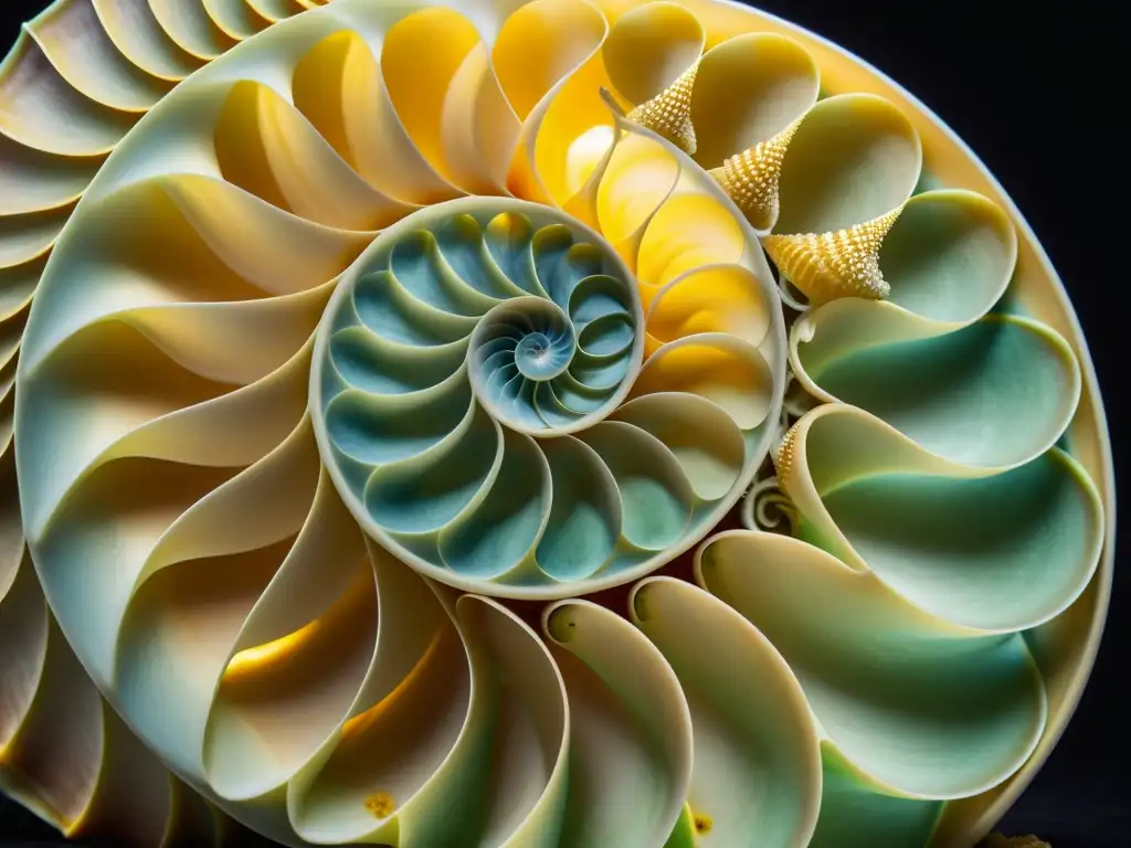 Una concha de nautilo detallada con patrones espirales, destacando la influencia de Fibonacci en la estructura