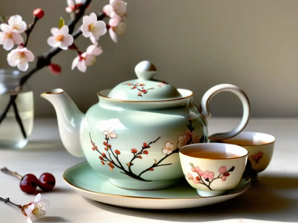 Juego de té japonés con motivos de cerezo pintados a mano en porcelana Conjunto de té japonés vintage con delicados motivos de flores de cerezo