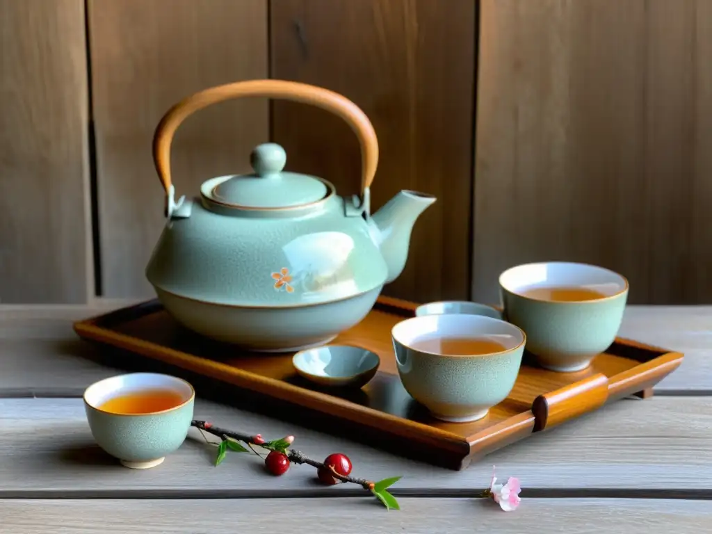 Conjunto de té japonés vintage con estética de la imperfección en cerámica japonesa, resplandeciendo en su belleza atemporal y elegancia sutil