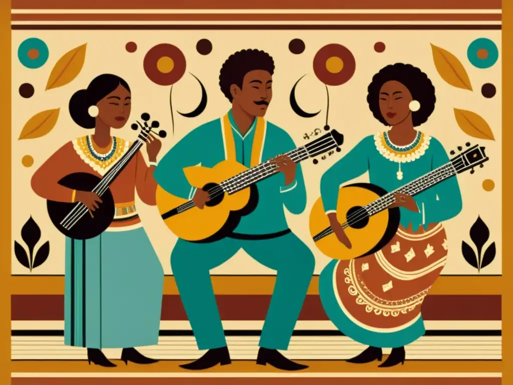 Un conjunto de música tradicional con patrones musicales representación visual, evocando la riqueza cultural en tonos cálidos y detallados