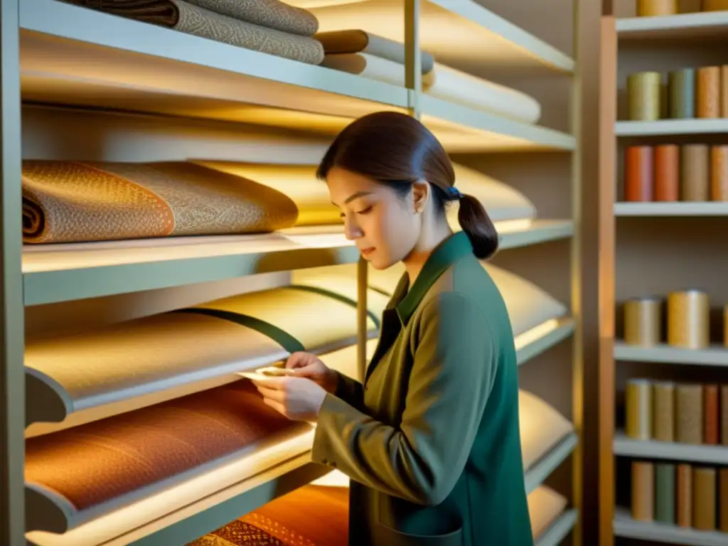 Un conservador restaura con cuidado un patrón textil vintage bajo cálida luz, evocando preservación digital de patrones artísticos