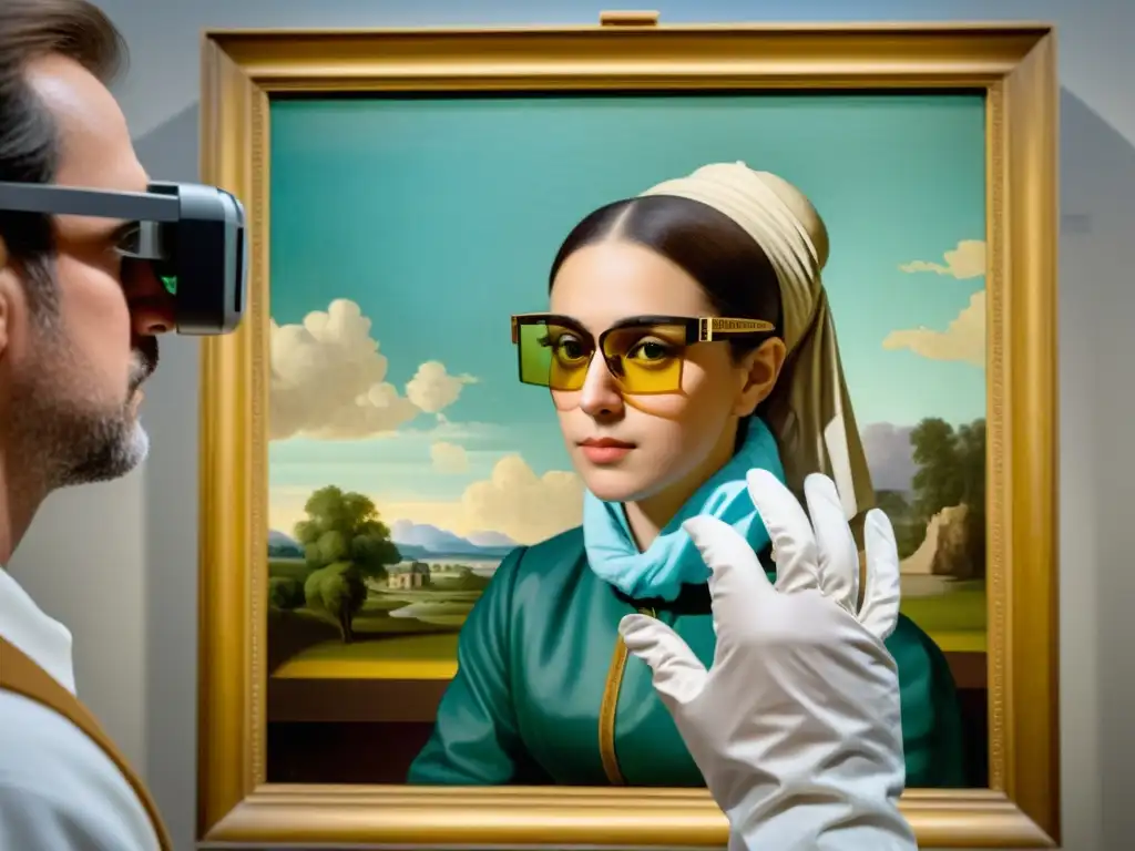 Conservador restaurando pintura vintage con Realidad Aumentada conservación patrimonio artístico en museo elegante y atemporal