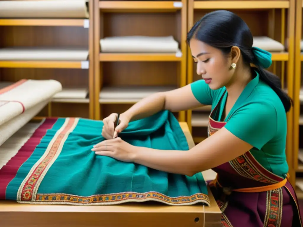 Conservador restaurando un textil tradicional con colores vibrantes y patrones intrincados