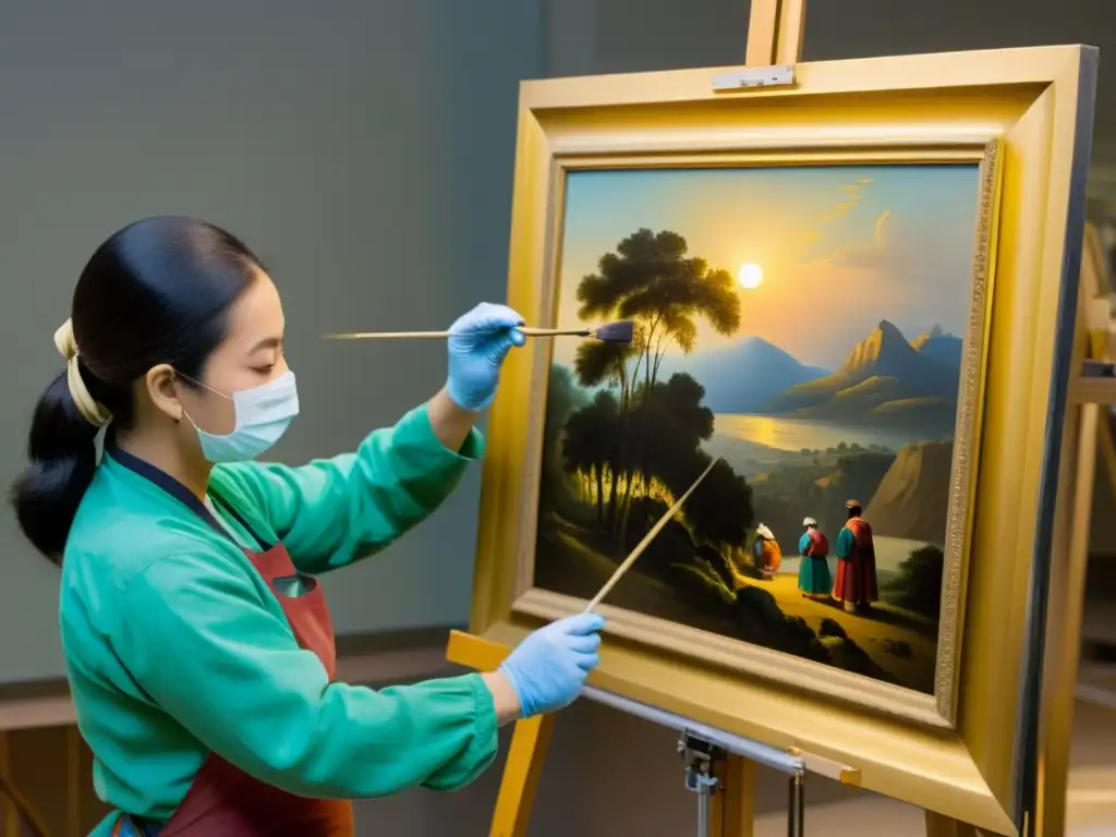 Conservadores restaurando con cuidado una pintura vintage, demostrando la dedicación y expertise en la conservación arte patrones culturas digitales