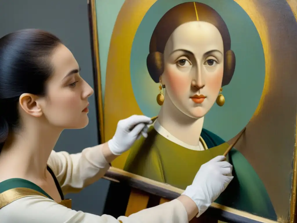 Conservadores restaurando una obra de arte antigua, resaltando la preservación digital del arte cultural con meticulosidad y calidez