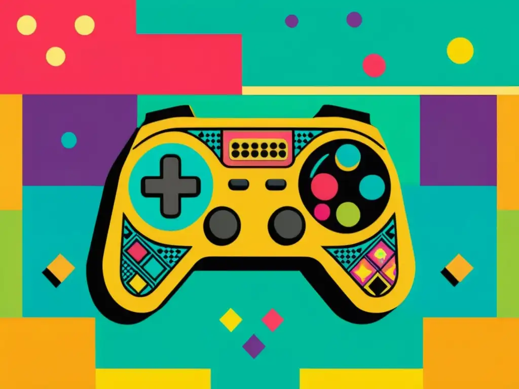 Controlador de videojuegos retro rodeado de patrones y colores vibrantes que evocan nostalgia y diversión