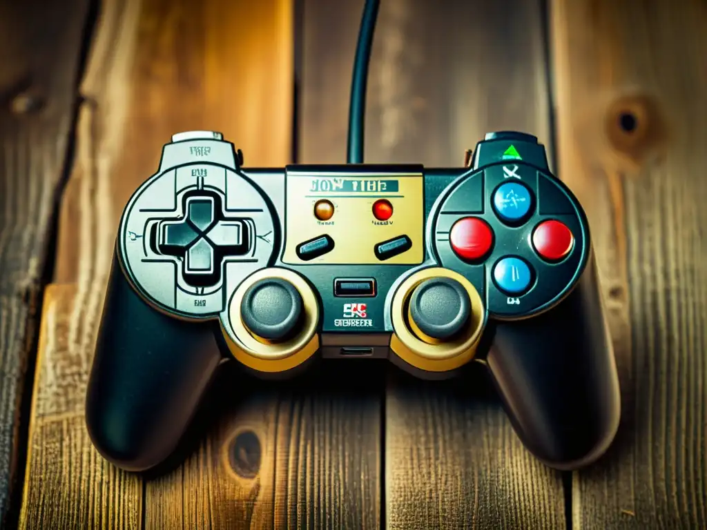 Un controlador de videojuegos vintage en madera envejecida con detalles intrincados, evocando la nostalgia de los patrones de videojuegos clásicos
