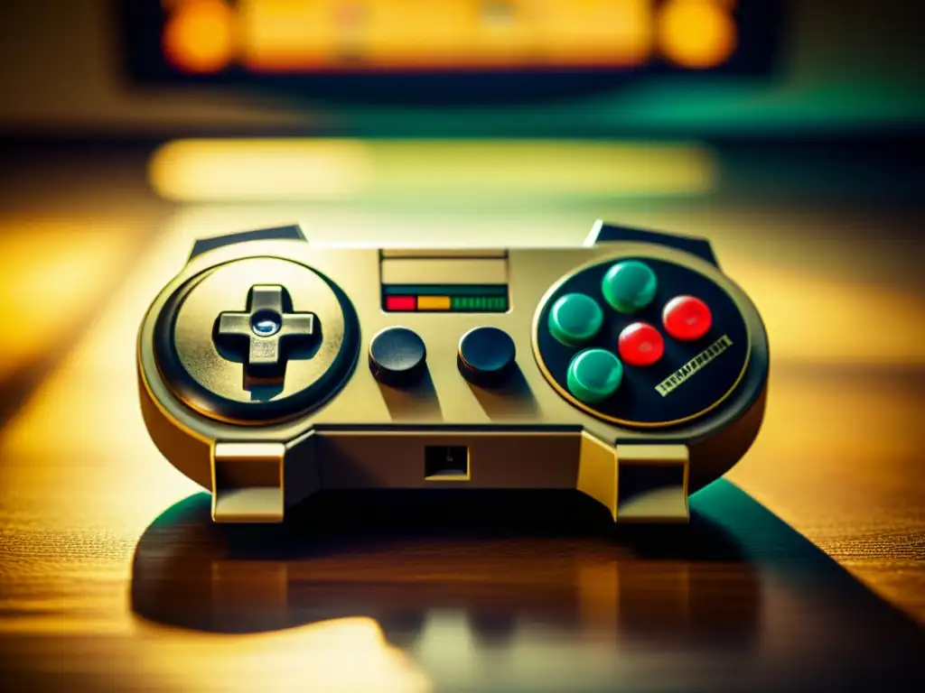 Un controlador de videojuegos vintage en primer plano, rodeado de cartuchos antiguos y una iluminación cálida