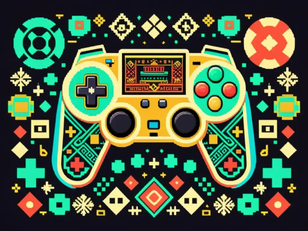 Controlador de videojuegos vintage rodeado de patrones simbólicos que fusionan la cultura gamer con tradiciones, evocando significado y nostalgia