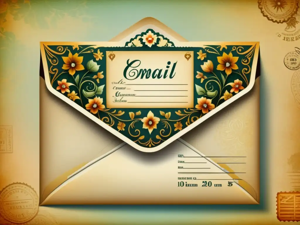 Un sobre de correo electrónico vintage con patrones artísticos en email marketing, rodeado de elementos florales y sellos vintage