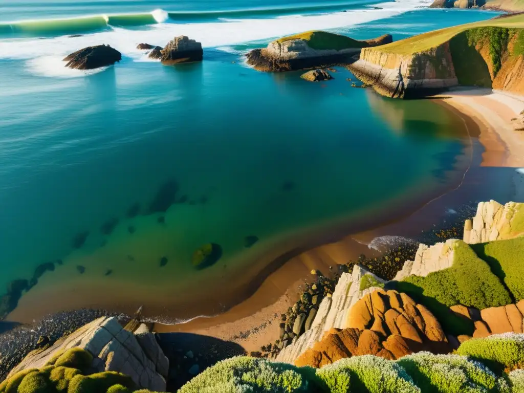 Costa rocosa con patrones geológicos historia Tierra: capas de roca sedimentaria, tonos terrosos, luz solar y olas