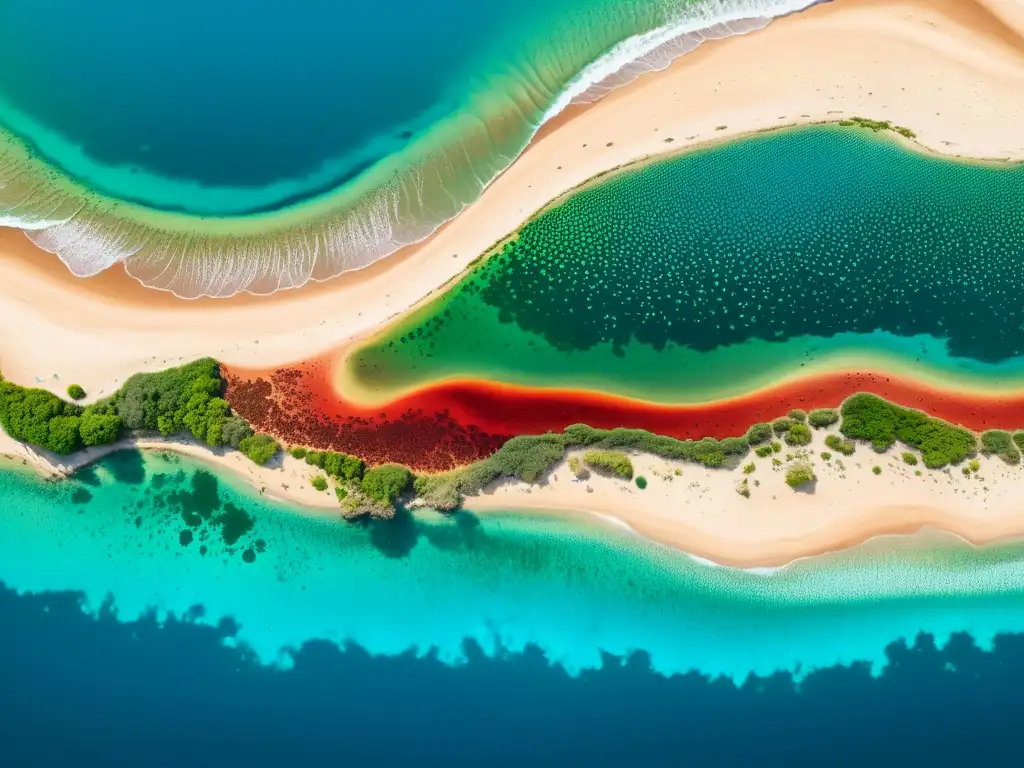 Una ilustración vintage de la costa con vibrantes floraciones de algas rojas, contrastando con el océano azul y la playa arenosa, evocando la belleza y complejidad de los patrones de floraciones de algas