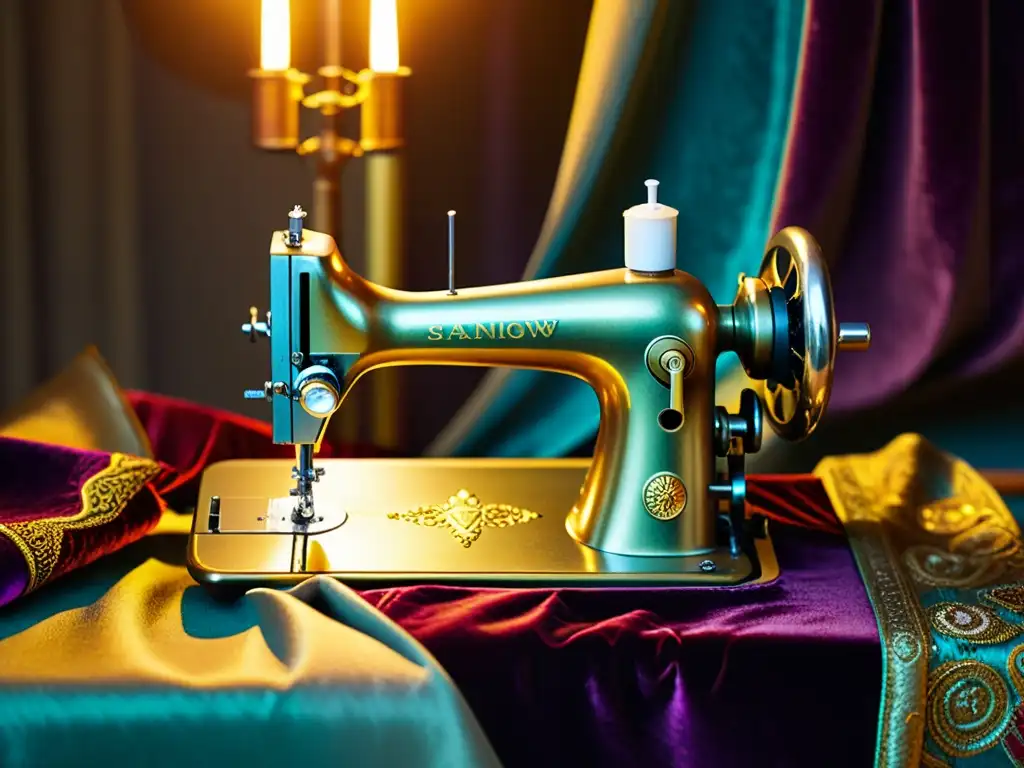 Una costura de lujo: máquina de coser vintage con detalles dorados sobre telas ricas y texturas innovadoras