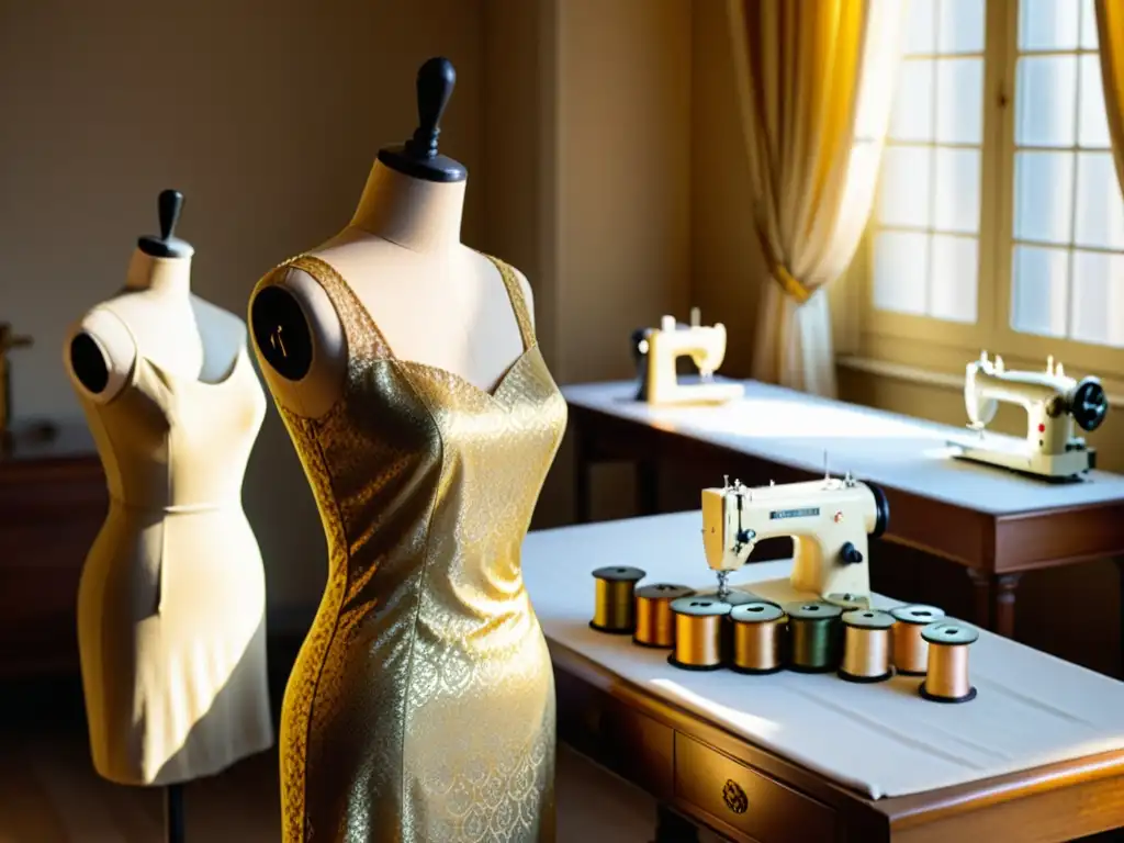 Una costurera hábil confecciona un bodice dorado rodeada de maniquíes y telas lujosas en un atelier vintage