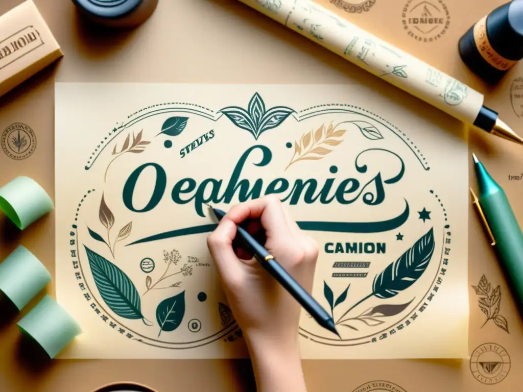 Creación de patrones de branding vintage en papel pergamino, detallada con pluma de ave