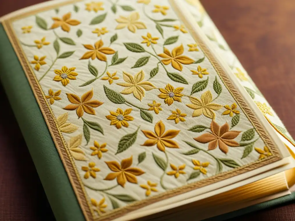 Creación de patrones textiles digitales: Libro vintage con diseños florales en tonos tierra, textura de tela y luz suave