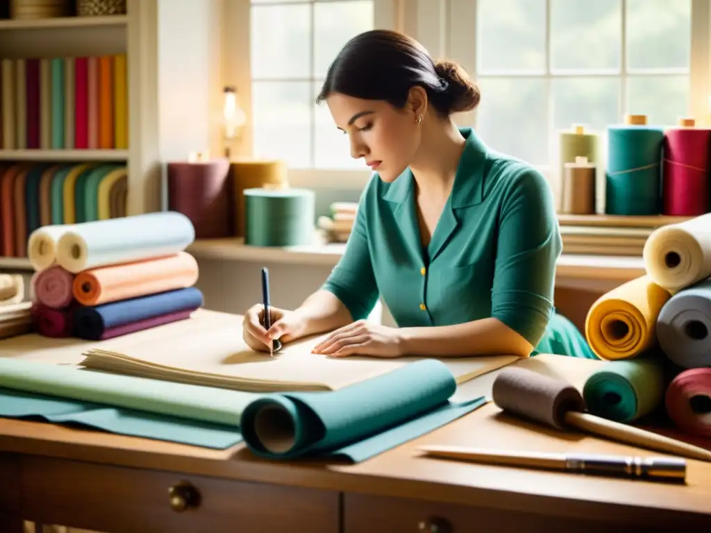 Creación de patrones textiles digitales: Diseñador de telas dibuja meticulosamente entre rollos de tela y libros, iluminado por suave luz natural