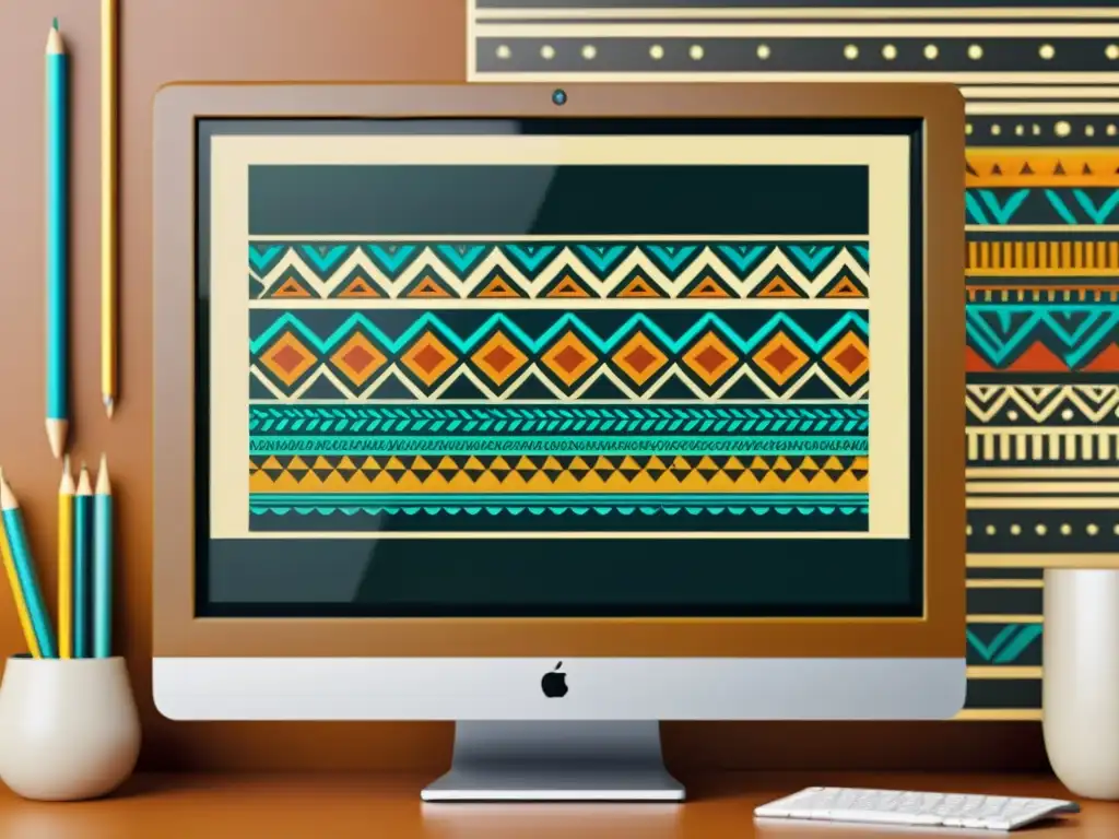 Creación de patrones tribales en software, con detalles intrincados en monitor vintage rodeado de herramientas de diseño