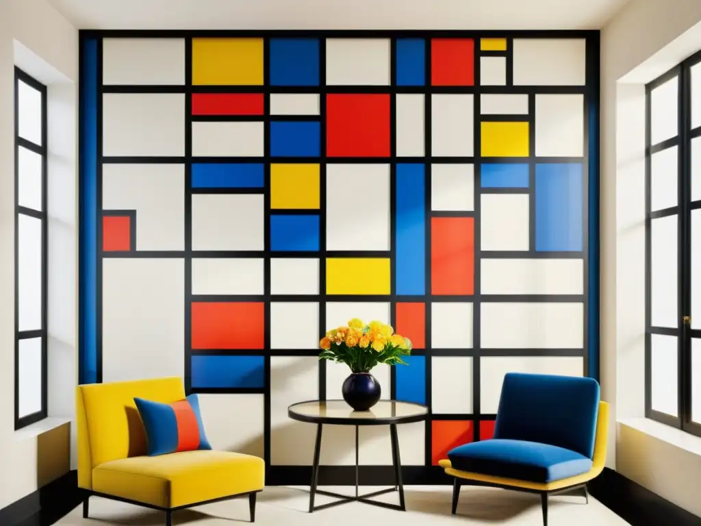 Cuadro de patrones geométricos de Mondrian colección, elegante y sofisticado, con colores vibrantes y líneas nítidas en cálida luz natural